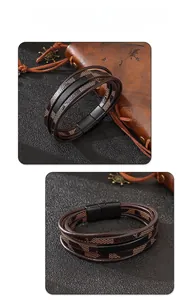 Detailansicht eines mehrlagigen Lederarmbands mit Magnetschluss und Karo-Muster für Herren