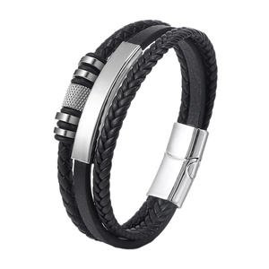 Multilayer braided leather bracelet with silver magnetic alloy clasp for men and women