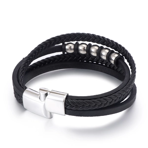 Bracelet multicouche en cuir PU tressé pour homme avec perles argentées et fermoir magnétique