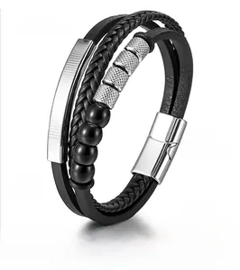 Close-up of men's multi-layer leather braid bracelet with stone beads and silver clasp