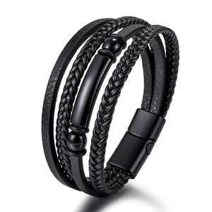 Men Multi-layer Braided Leather Bracelet Magnetic Clasp Alloy Beads Black Multi-strand Hand Strap Jewelry For Men Gift