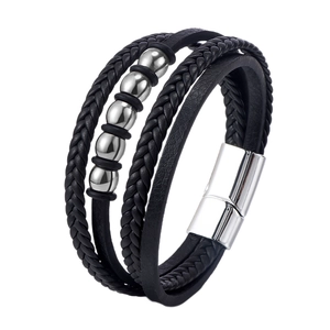 Bracelet multicouche en cuir PU pour hommes avec perles argentées et fermoir magnétique