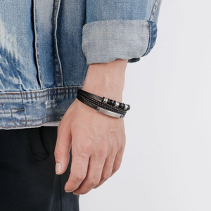 Men's multi-layer black PU leather beaded bracelet with silver magnetic stainless steel clasp