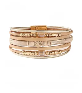 Detail view of multi-layer leather bracelet with Tree of Life charm and crystal spacers