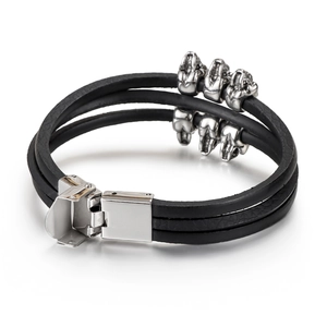 Men's multi-layer black leather bracelet with silver skull charms and metal buckle