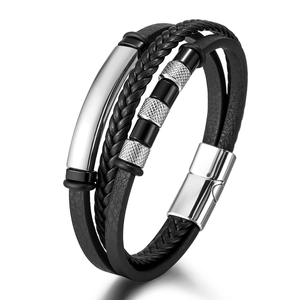 Bracelet en Cuir Multicouche pour Hommes Cordon en PU Tressé Bracelet de Poignet Simple Bracelet à Boucle Magnétique en Alliage de Zinc