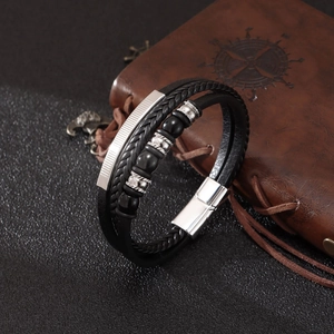 Men Multi Layer Bracelet PU Leather Alloy Magnetic Buckle Braided Cord Black Agate Beads Wristband Fashion Punk Retro Jewelry For Male
