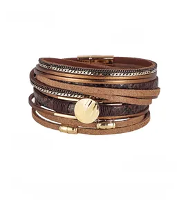 Macro detail of multi-layer snake print leather bracelet with secure magnetic clasp closure