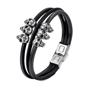 Men's punk multilayer black leather bracelet with vintage silver skull charms and steel clasp