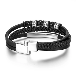 Multi-layer men's PU leather beaded bracelet with silver magnetic clasp and metal accents