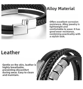 Detailed macro view of black braided leather textures and silver alloy magnetic clasp