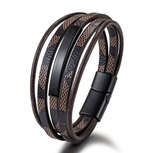 Herren Retro Mehrschichtiges Geflochtenes Lederarmband Mit Magnetverschluss Vintage Schachbrettmuster Braunes Armband Schmuck
