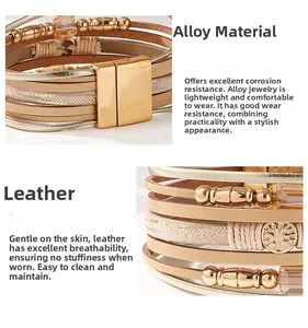 Close-up of bohemian multilayer leather bracelet with tree of life charm and magnetic clasp