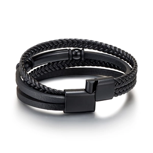 Multi-layer woven black leather bracelet for men with magnetic metal clasp
