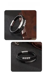 Macro view of men's multilayer braided leather bracelet with stone beads and zinc alloy clasp