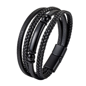 Multi-layer braided leather bracelet for men with black metal magnetic clasp on white background