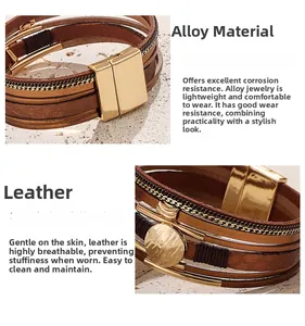 Detail of brown multilayer leather bracelet with a gold magnetic clasp on stone texture