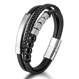 Men Layered Leather Bracelet Zinc Alloy Magnetic Clasp Braided Stone Beads Punk Bangle Jewelry Trendy Stylish Wristband Gift