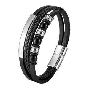 Men's multilayer PU leather bracelet with beads and magnetic zinc alloy clasp