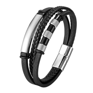 Bracelet multicouche en cuir PU tressé pour hommes avec fermoir magnétique argenté