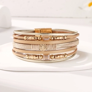 Bohemian Tree Of Life Multilayer Leather Bracelet For Women Vintage Alloy Rhinestone Magnetic Clasp Wrap Bangle Jewelry