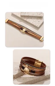 Close-up of multilayer brown leather bracelet with golden tubes and magnetic clasp