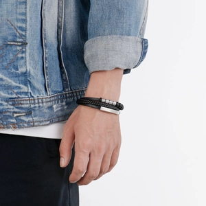 Men's multilayer braided leather and natural stone bracelet with a magnetic alloy clasp