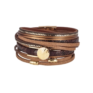 Bohemian Multi Layer Leather Wrap Bracelet For Women Vintage Gold Hammered Metal Disc Snakeskin Magnetic Clasp Jewelry