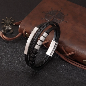 Men's multilayer braided leather bracelet with natural stone beads and magnetic metal clasp