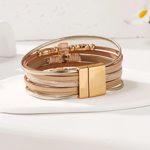 Bohemian tree of life multilayer leather bracelet with magnetic clasp and gold beads
