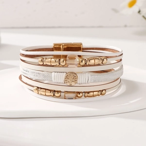 Multilayer leather wrap bracelet with golden Tree of Life charm and magnetic buckle
