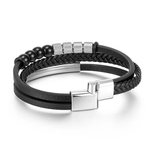 Men's multilayer black braided leather bracelet with natural beads and magnetic clasp