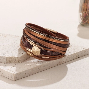 Bohemian multilayer snake skin leather bracelet with magnetic clasp and gold metal accent