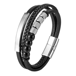 Men's multilayer black leather braided bracelet with natural stone beads and magnetic clasp