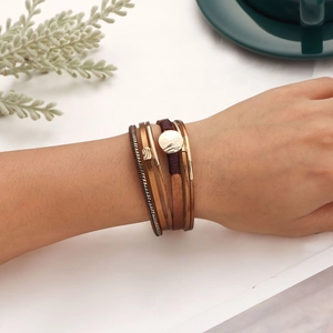 Bohemian multilayer leather wrap bracelet with magnetic clasp and gold metal accents