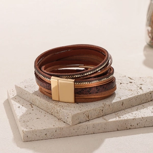 Multilayer bohemian faux snake leather wrap bracelet with golden magnetic clasp