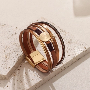 Multilayer leather bracelet with gold magnetic clasp and vintage brown woven texture