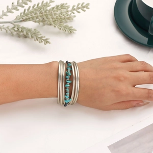 Bohemian multilayer leather bracelet with natural turquoise stones and magnetic clasp for women