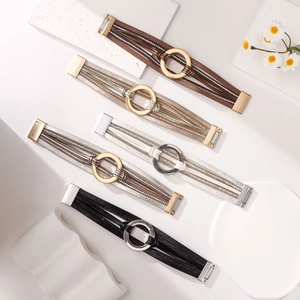 Pulseras multicapa de cuero bohemio con diamantes de imitación y cierre magnético mujer