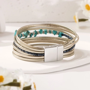 Bohemian multilayer leather wrap bracelet with natural turquoise and magnetic clasp