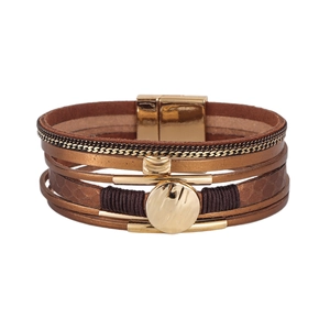 Retro multilayer leather bracelet with bronze weaving and magnetic gold clasp