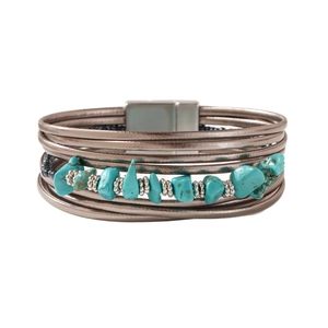 Bohemian multilayer leather bracelet with natural turquoise stones and magnetic clasp