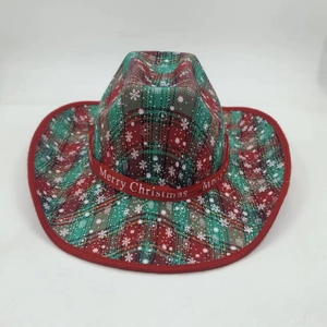 Close-up of Christmas cowboy hat with red plaid pattern and Merry Christmas ribbon