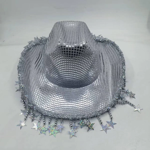 Close-up of silver disco cowboy hat with sparkling sequins and laser star pendants