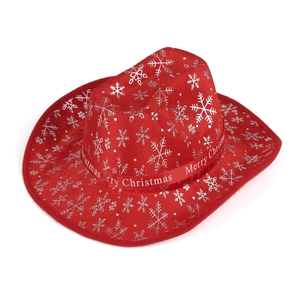 Detail of red Christmas cowboy hat with silver snowflakes and Merry Christmas ribbon