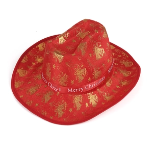 Red Christmas cowboy hat with gold bells, stars, and Merry Christmas ribbon decoration
