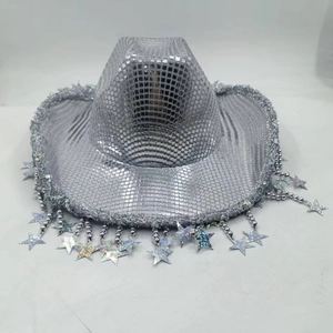 Silver disco sequin cowboy hat with sparkling fringe and star charms for parties