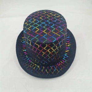 Rainbow sequin top hat for Halloween performance featuring colorful diamond patterns