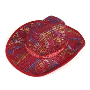 Red Christmas cowboy hat with sparkling tinsel and Merry Christmas ribbon for party decor