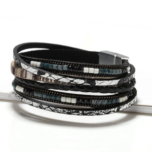 Bohemian multi-layer leather bracelet with cross beads and magnetic clasp in black and silver